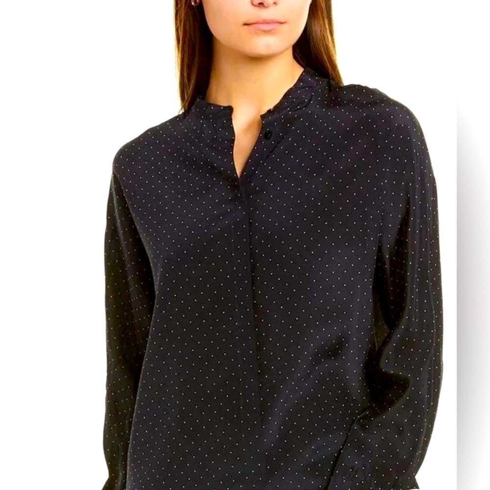 *Club Monaco Navy Popover Silk Blouse with mini polka dot print.